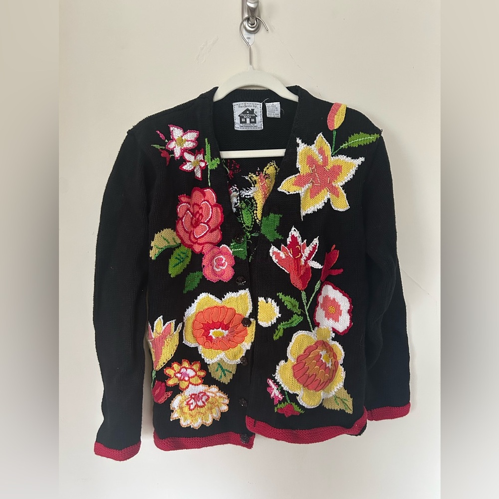 Storybook Knits Black Cardigan with Floral Embroidery